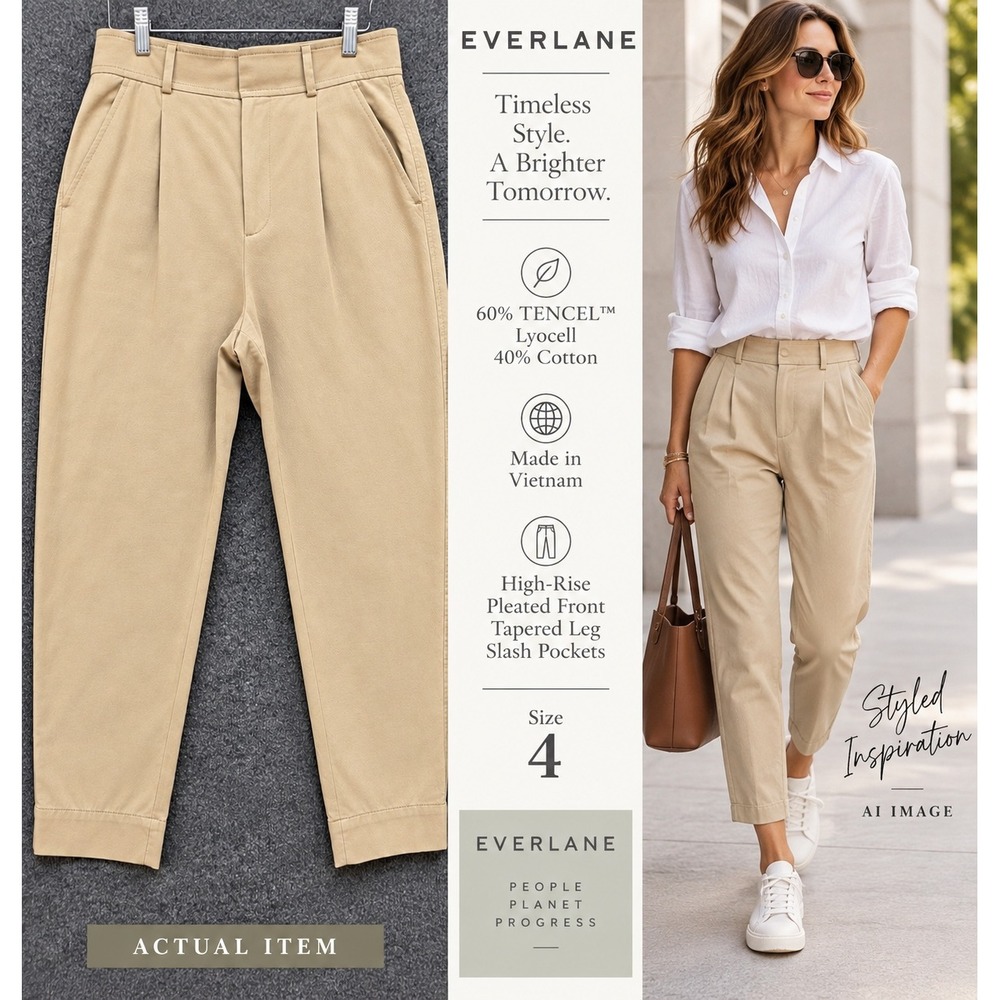 Everlane Pleated Tapered Pant Women High Rise Chino Khaki 4 Excellent Minimalist